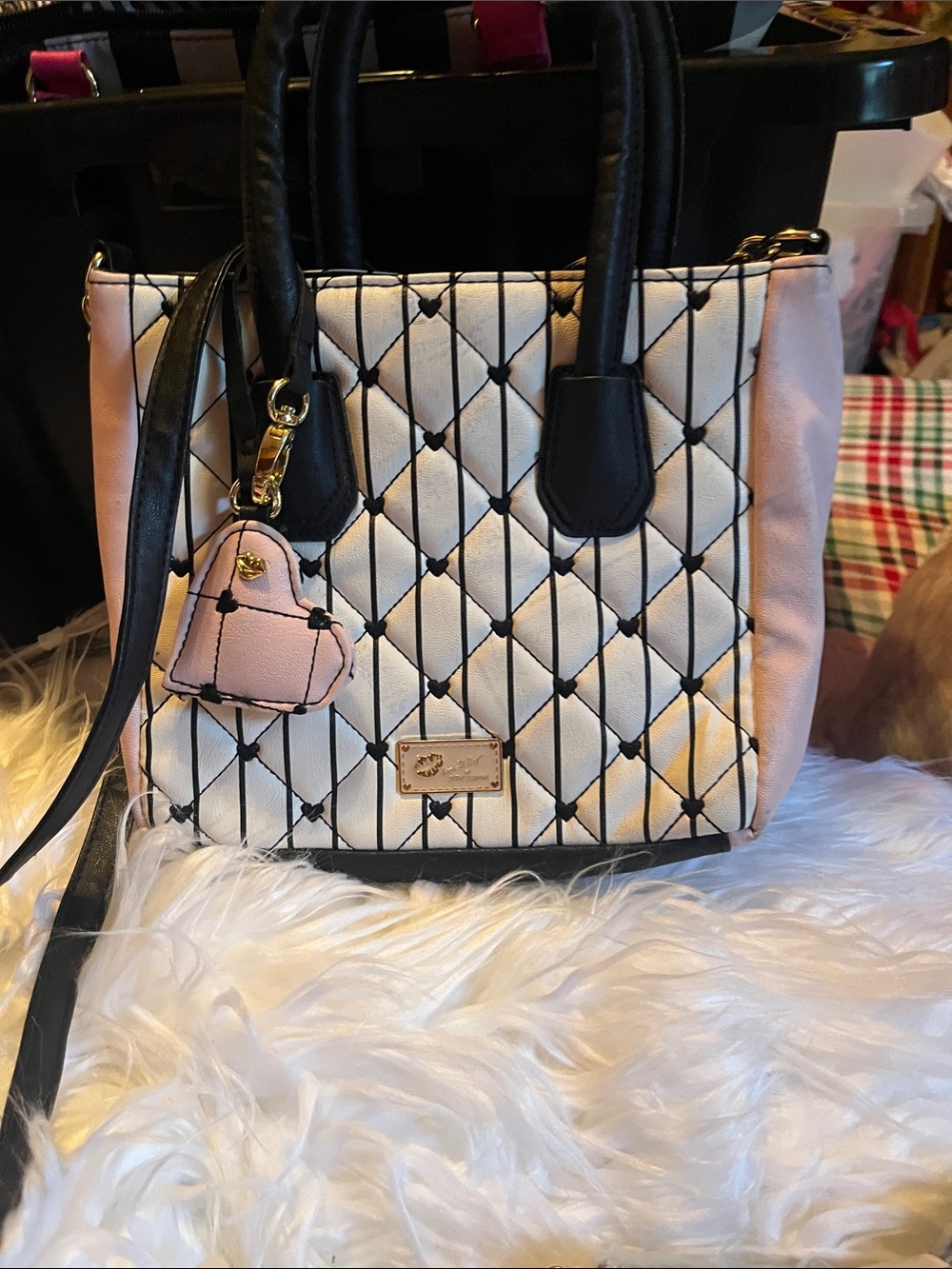 Betsey Johnson Pink and Black Quilted Heart Charm Tote